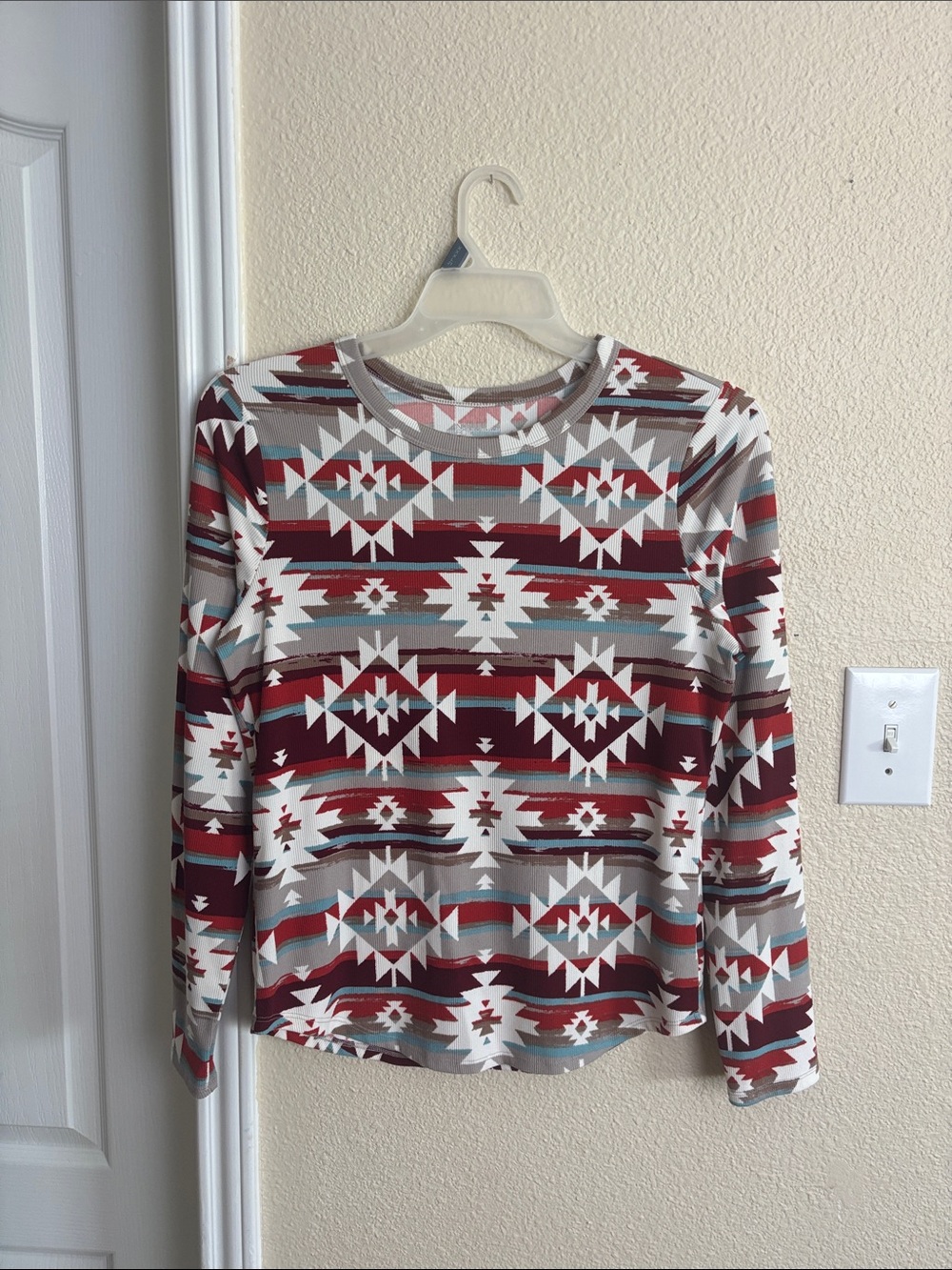 NOBO Long-Sleeve Aztec Print Top in Burgundy, Cream, Gray, Teal